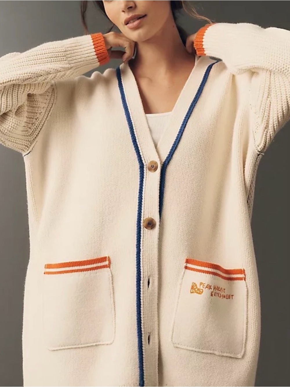 Anthropologie - Maeve Cream Sweater Cardigan with Orange & Green Fruit Graphic - Picture 10 of 10
